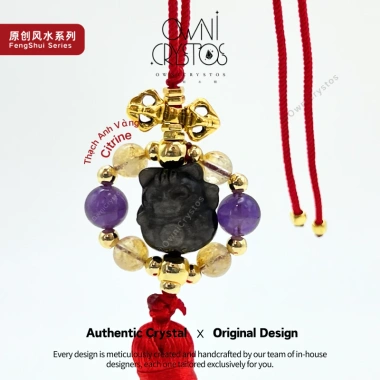 Móc treo Mèo Thần Tài Phong Thủy 2.026 Thạch Anh Tím, Vàng, Obsidian Bạc OwniCrystos