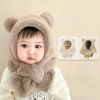 Mũ lông gấu trẻ em lông xù dày kèm khăn quàng cổ màu trơn – ấm áp sang trọng mùa đông, giá ưu đãi 46.900