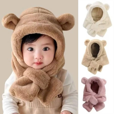 Mũ lông gấu trẻ em lông xù dày kèm khăn quàng cổ màu trơn – ấm áp sang trọng mùa đông, giá ưu đãi 46.900 2