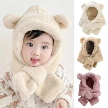 Mũ lông gấu trẻ em lông xù dày kèm khăn quàng cổ màu trơn – ấm áp sang trọng mùa đông, giá ưu đãi 46.900 5