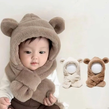 Mũ lông gấu trẻ em lông xù dày kèm khăn quàng cổ màu trơn – ấm áp sang trọng mùa đông, giá ưu đãi 46.900 6