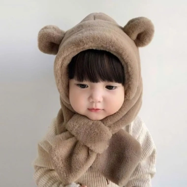 Mũ lông gấu trẻ em lông xù dày kèm khăn quàng cổ màu trơn – ấm áp sang trọng mùa đông, giá ưu đãi 46.900 9