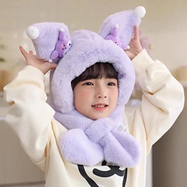 Mũ lông thỏ Kurumi & Labubu giữ ấm cho bé, kèm khăn mềm cotton, giảm giá 119k