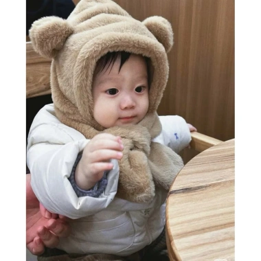 Mũ nón lông liền khăn giữ ấm bé hình gấu siêu dễ thương 6m-3 tuổi mùa đông ấm áp