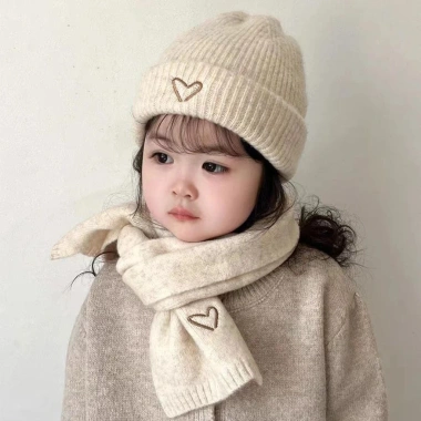 Mũ thêu trái tim dệt kim bé gái, len màu trơn, móc bonnet, giảm còn 56.900₫