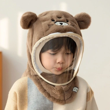 Mũ trẻ em dày dặn, trùm đầu và kính chắn gió tháo rời, lông cừu mềm mại hoạt hình 3