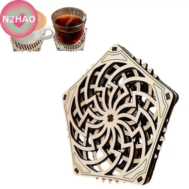 N2HAO Kinetic Coaster Handmade Thiết kế Pentagram, Đế ly gỗ xoay xoắn ốc tinh tế, quà tặng Giáng sinh cho gia đình & văn phòng