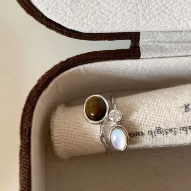 Nhẫn mắt đá nâu 2 lớp Zircon, vòng thép không gỉ, mở thanh lịch, giá 50.600₫