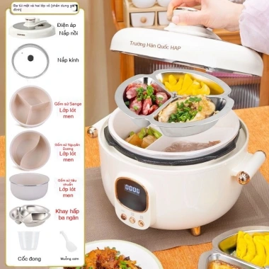 Nồi áp suất điện Hàn Quốc men gốm 3 ngăn đa năng, chống dính, nấu cơm nhanh
