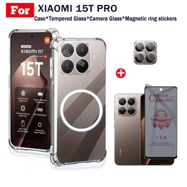 Ốp điện thoại chống sốc TPU trong suốt Xiaomi 15T Pro có thanh sạc không dây từ tính cho Xiaomi 15T Kính cường lực bảo mật chống gián điệp + Phim ống kính
