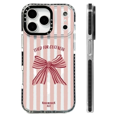 Ốp Lưng Nơ Sọc Hồng Silicone, Sạc Không Dây, Tương Thích iPhone 12‑17 Pro Max, Chống Sốc 3