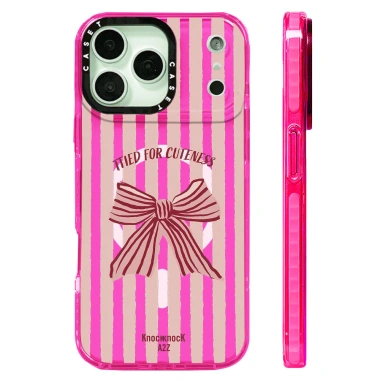 Ốp Lưng Nơ Sọc Hồng Silicone, Sạc Không Dây, Tương Thích iPhone 12‑17 Pro Max, Chống Sốc 5