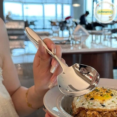 Pufangnice Thìa Tròn Lưới Đỏ Vàng Thép Không Gỉ Tay Cầm Dài - Dụng Cụ Khuấy Tráng Miệng Bữa Tối, Tiện Ích Cho Nhà Bếp