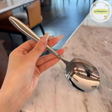 Pufangnice Thìa Tròn Lưới Đỏ Vàng Thép Không Gỉ Tay Cầm Dài - Dụng Cụ Khuấy Tráng Miệng Bữa Tối, Tiện Ích Cho Nhà Bếp