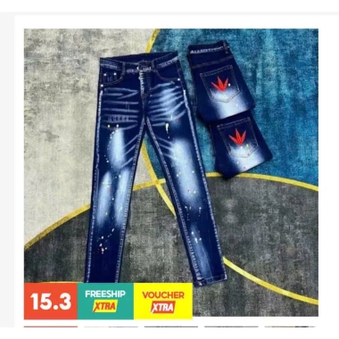Quần jean nam xanh co giãn 4 chiều, thêu họa tiết, rin lai tua, chất bò 150k