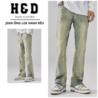 Quần jean ống loe nam wash xanh rêu, denim co giãn nhẹ, retro QJ07 H&D - 179k