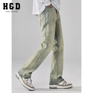 Quần jean ống loe nam wash xanh rêu, denim co giãn nhẹ, retro QJ07 H&D - 179k