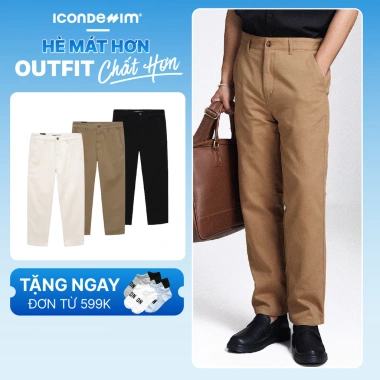 Quần kaki nam ICONDENIM ống suông che khuyết điểm, vải bền màu, giá 409k