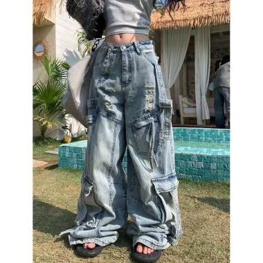 Quần nữ phong cách Mỹ, nhiều túi, chi tiết fraydedpunkstreetdrape, size lớn, giảm giá 21%