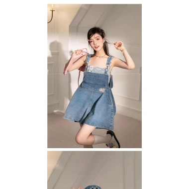 Quần yếm denim F&X thanh lịch, tai thỏ, jumpsuit giảm cân mùa hè