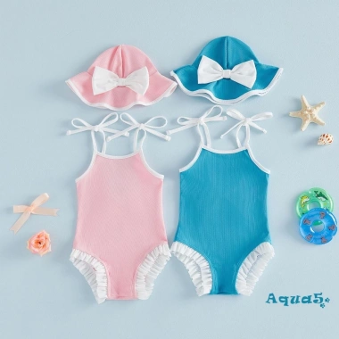 Romper Cami Bé Gái Aqua Không Tay Ruffle Trim và Mũ Bơi, Thích Hợp Bể Bơi và Biển