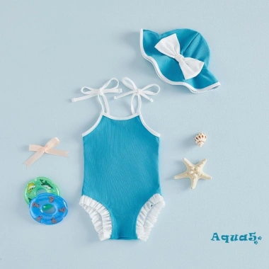 Romper Cami Bé Gái Aqua Không Tay Ruffle Trim và Mũ Bơi, Thích Hợp Bể Bơi và Biển