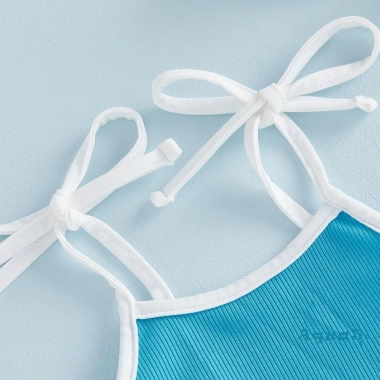 Romper Cami Bé Gái Aqua Không Tay Ruffle Trim và Mũ Bơi, Thích Hợp Bể Bơi và Biển