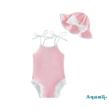 Romper Cami Bé Gái Aqua Không Tay Ruffle Trim và Mũ Bơi, Thích Hợp Bể Bơi và Biển