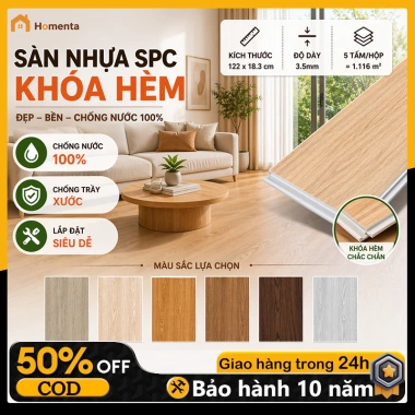 Sàn nhựa giả gỗ SPC hèm khóa 122x18.3cm dày 4mm – Chống nước, lắp ghép nhanh, BH 2 năm – 289k