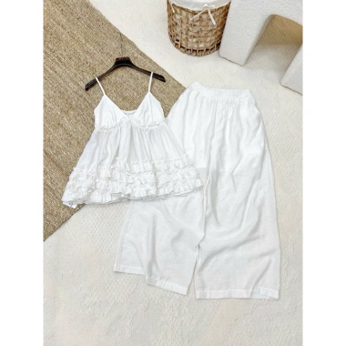 Set Áo 2 Dây Nhún Bèo Linen + Quần Đũi Xước Cao Cấp Quảng Châu Dưới 60kg Du Lịch 548k