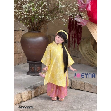 Set Áo Dài Bé Gái Nắng Hồng Tone Vàng - Lụa Tơ Cao Cấp, Áo Dài Tết 395k