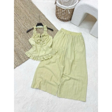 Set Áo Nhún Bèo Linen Cổ Tiểu Thư + Quần Dài Đũi Xước dưới 60kg Quảng Châu cho Du lịch, Chụp ảnh, Cafe