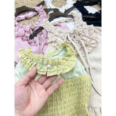 Set Áo Nhún Bèo Linen Cổ Tiểu Thư + Quần Dài Đũi Xước dưới 60kg Quảng Châu cho Du lịch, Chụp ảnh, Cafe