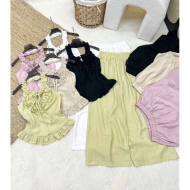 Set Áo Nhún Bèo Linen Cổ Tiểu Thư + Quần Dài Đũi Xước dưới 60kg Quảng Châu cho Du lịch, Chụp ảnh, Cafe
