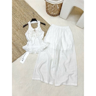 Set Áo Nhún Bèo Linen Cổ Tiểu Thư + Quần Dài Đũi Xước dưới 60kg Quảng Châu cho Du lịch, Chụp ảnh, Cafe