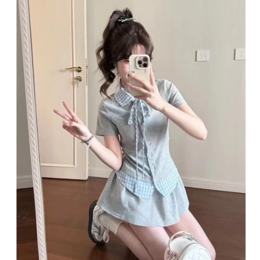 Set áo tay ngắn cổ viền kẻ caro + chân váy xoè & quần cho bé 7-10, giá ưu đãi 239k 3 Set áo tay ngắn cổ viền kẻ caro + chân váy xoè & quần cho bé 7-10, giá ưu đãi 239k 3