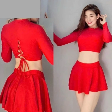Set Đồ Bơi Nữ Tay Dài + Váy Xoè Size M L XL - Thun Co Giãn 4 Chiều, Tôn Dáng, Che Khuyết Điểm - 199k
