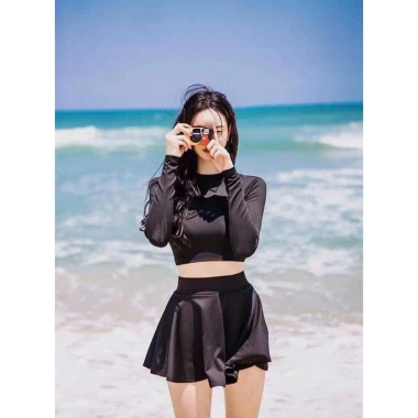 Set Đồ Bơi Nữ Tay Dài + Váy Xoè Size M L XL - Thun Co Giãn 4 Chiều, Tôn Dáng, Che Khuyết Điểm - 199k