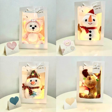 Set quà tặng 2.025 - Combo 4 món: Gấu bông cute, thiệp, đèn nháy, túi mặt kính giá rẻ 121.5k