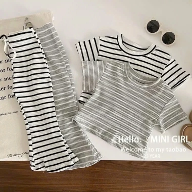 Set Quần Áo Bé Gái Tay Ngắn Kẻ Sọc + Quần Ống Loe - Thun Tăm Hàn, Mùa Hè Thoải mái 115.934₫