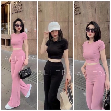 Set quần dài ống loe + áo croptop tay ngắn thun gân, chính phẩm tiệc công sở