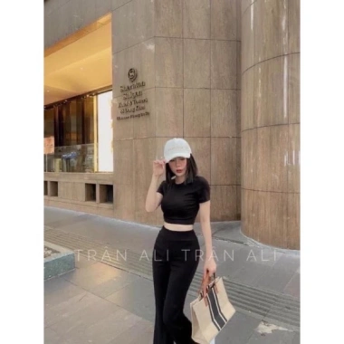 Set quần dài ống loe + áo croptop tay ngắn thun gân, chính phẩm tiệc công sở