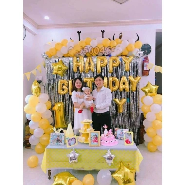 Set Trang Trí Sinh Nhật 60 Bóng Bay Happy Birthday Em Bé + Rèm Tua Rua, Kèm Bơm & Băng Dính - Giá Ưu Đãi