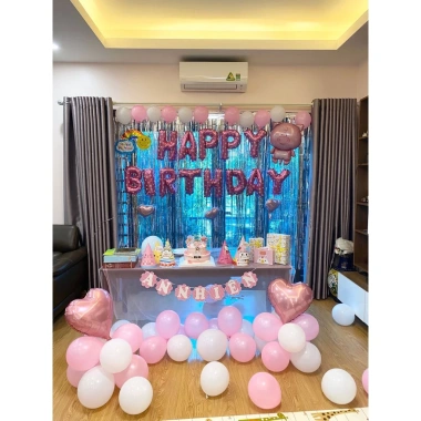 Set Trang Trí Sinh Nhật 60 Bóng Bay Happy Birthday Em Bé + Rèm Tua Rua, Kèm Bơm & Băng Dính - Giá Ưu Đãi