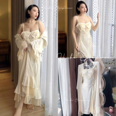 Set Váy Ngủ & Áo Choàng Lụa Voan Bèo Ngọc Trai Đệm Ngọc Tiểu Thư QCCC - Hube Sleepwear 615k