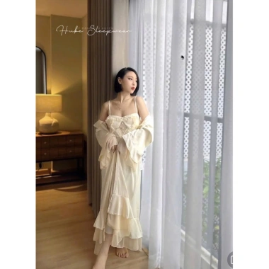 Set Váy Ngủ & Áo Choàng Lụa Voan Bèo Ngọc Trai Đệm Ngọc Tiểu Thư QCCC - Hube Sleepwear 615k