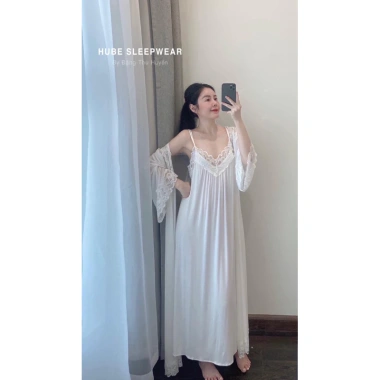 Set Váy Ngủ + Áo Choàng Thun Ren Mềm Dáng Dài Tiểu Thư - Hube Sleepwear 585k 2