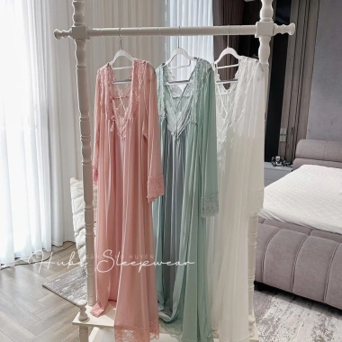 Set Váy Ngủ + Áo Choàng Thun Ren Mềm Dáng Dài Tiểu Thư - Hube Sleepwear 585k 9