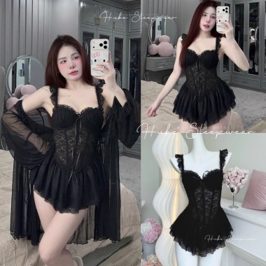 Set Váy Ngủ + Áo Choàng Voan Lụa Ren Eo Dây Cánh Tiên - Mút Ngực QC Hube 345k