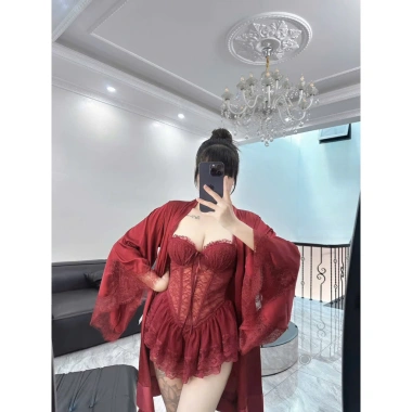 Set Váy Ngủ + Áo Choàng Voan Lụa Ren Eo Dây Cánh Tiên - Mút Ngực QC Hube 345k